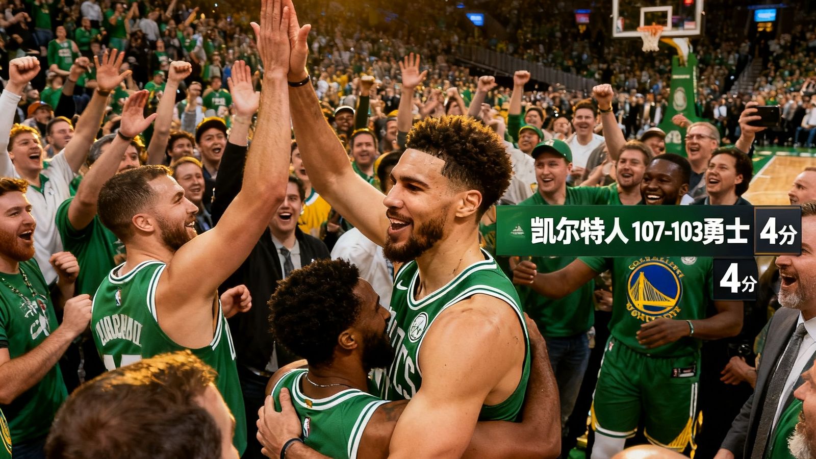 NBA总决赛第四场战报配图，凯尔特人球员在主场球迷欢呼中庆祝关键胜利，比分牌显示最终分差
